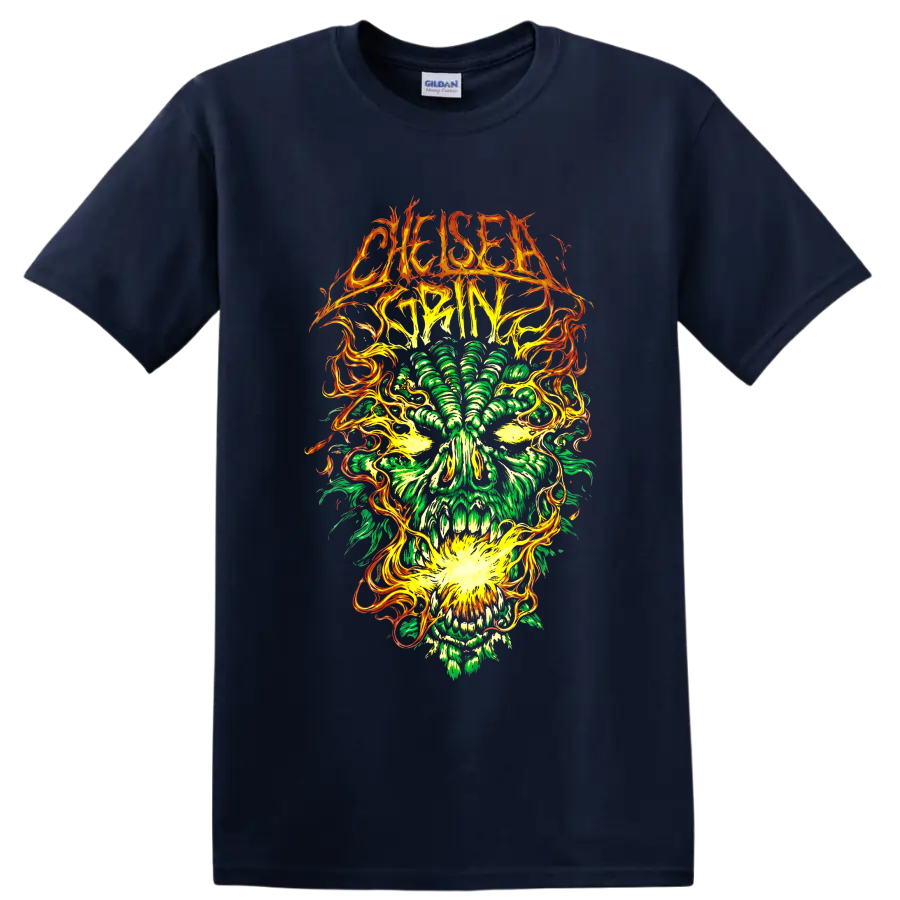 Chelsea Grin thorned logo above neon green skull with swirling orange flame artwork on a Navy (Blue) T Shirt