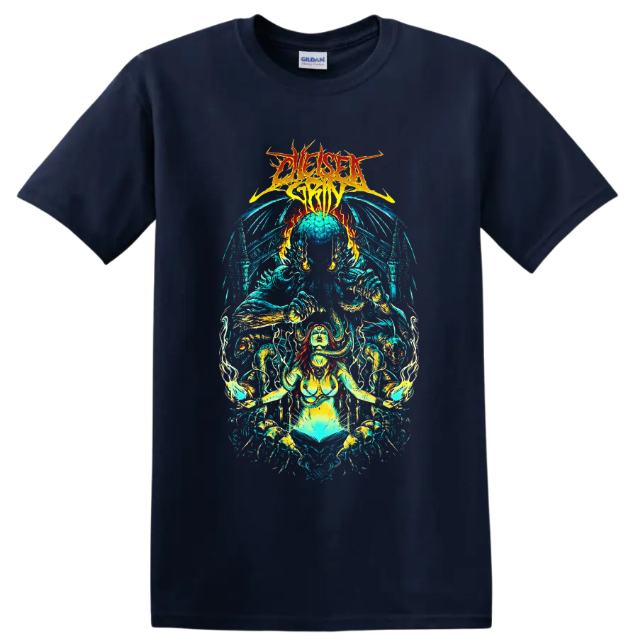 Chelsea Grin logo above psychedelic demon goddess, skeletal forms, flames, and waves on a Navy (Blue) T Shirt