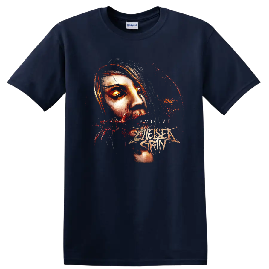 Chelsea Grin Evolve gothic face artwork with glowing eye, red splatters, and sharp logo on a Navy (Blue) T Shirt