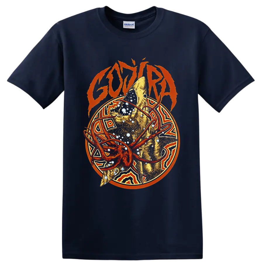 Gojira logo above a golden fish with orange orbital rings, bubbles, and geometric art on a Navy (Blue) T Shirt