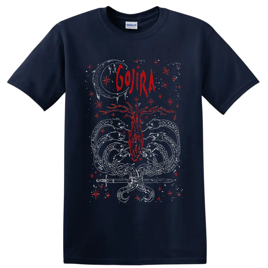 Gojira sacred heart with moon, wings, stars, and red gothic celestial linework on a Navy (Blue) T Shirt