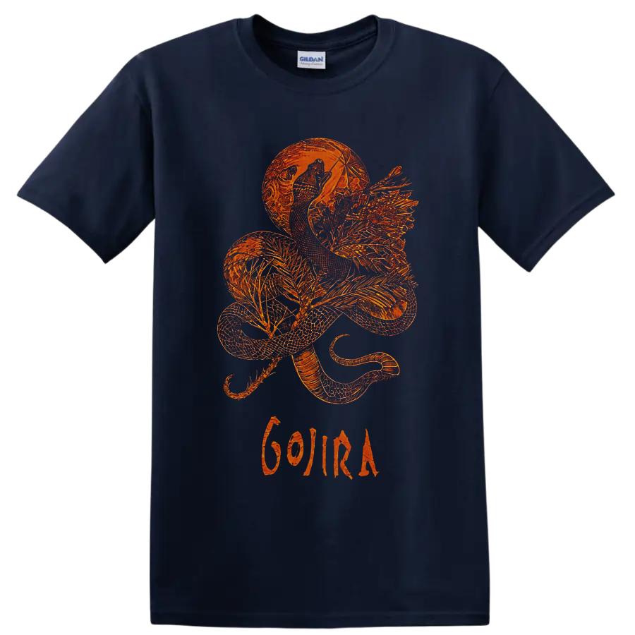 Orange winged dragon beneath a moon with Gojira lettering in intricate fantasy line art on a Navy (Blue) T Shirt