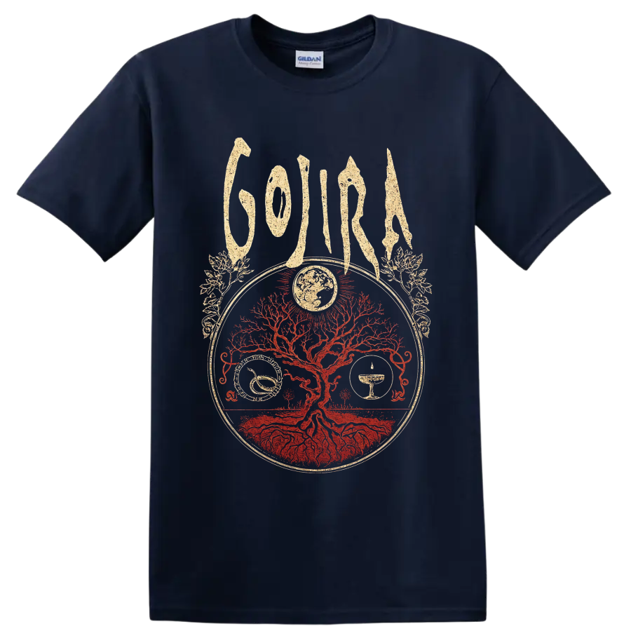 Gojira Tree of Life design with red rooted tree, globe, symbols, and distressed lettering on a Navy (Blue) T Shirt