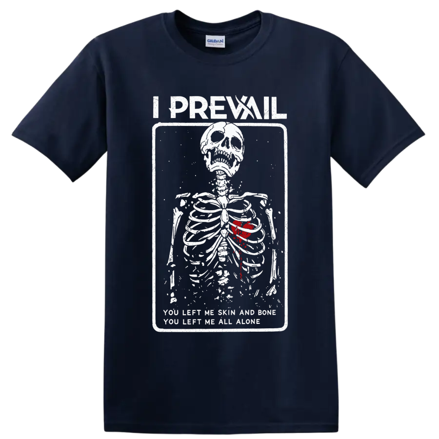 I Prevail skeleton with red heart and distressed Alone lyric graphic on a Navy (Blue) T Shirt