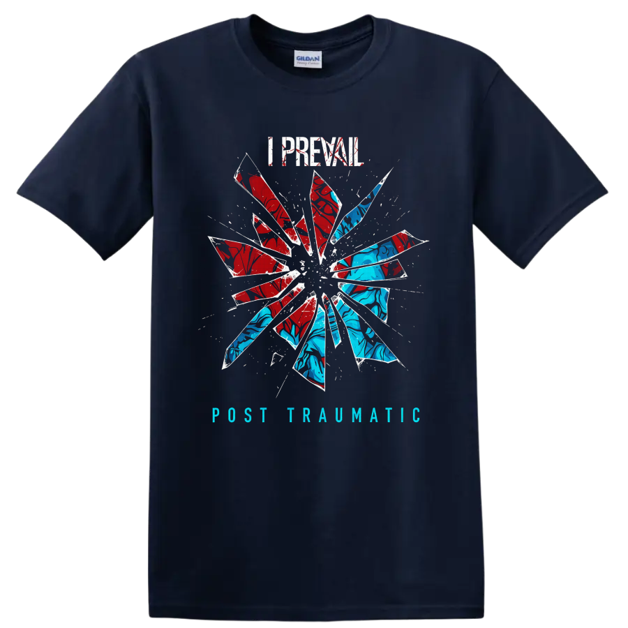 I Prevail Post Traumatic distressed text with red and blue shattered-glass burst on a Navy (Blue) T Shirt