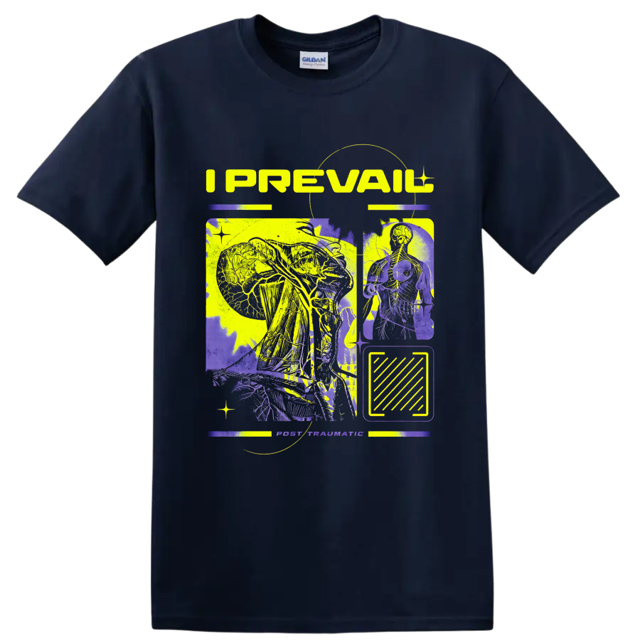 I Prevail Post Traumatic neon anatomy collage with skeletal figures and abstract panels on a Navy (Blue) T Shirt