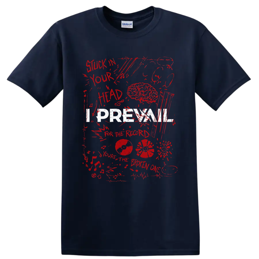 I Prevail inspired distressed brain, vinyl records, music notes, and red collage on a Navy (Blue) T Shirt