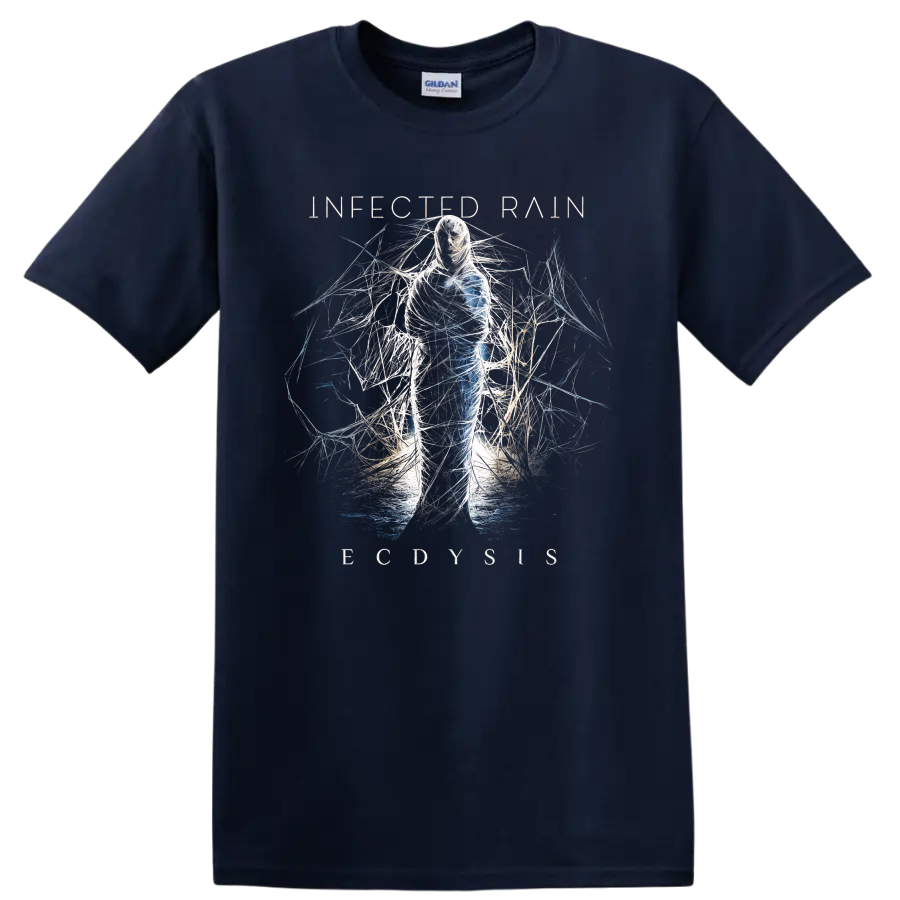 Infected Rain Ecdysis abstract figure wrapped in white and blue thread-like lines on a Navy (Blue) T Shirt