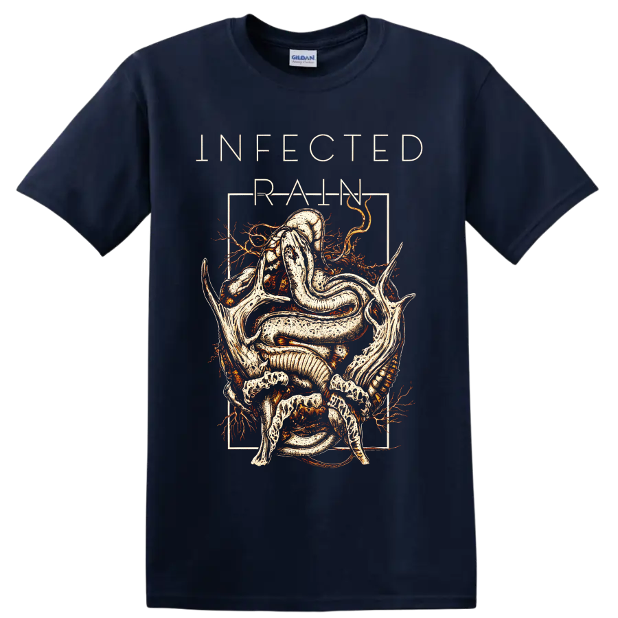 Infected Rain serpent and skeletal figure in distressed gothic line art on a Navy (Blue) T Shirt