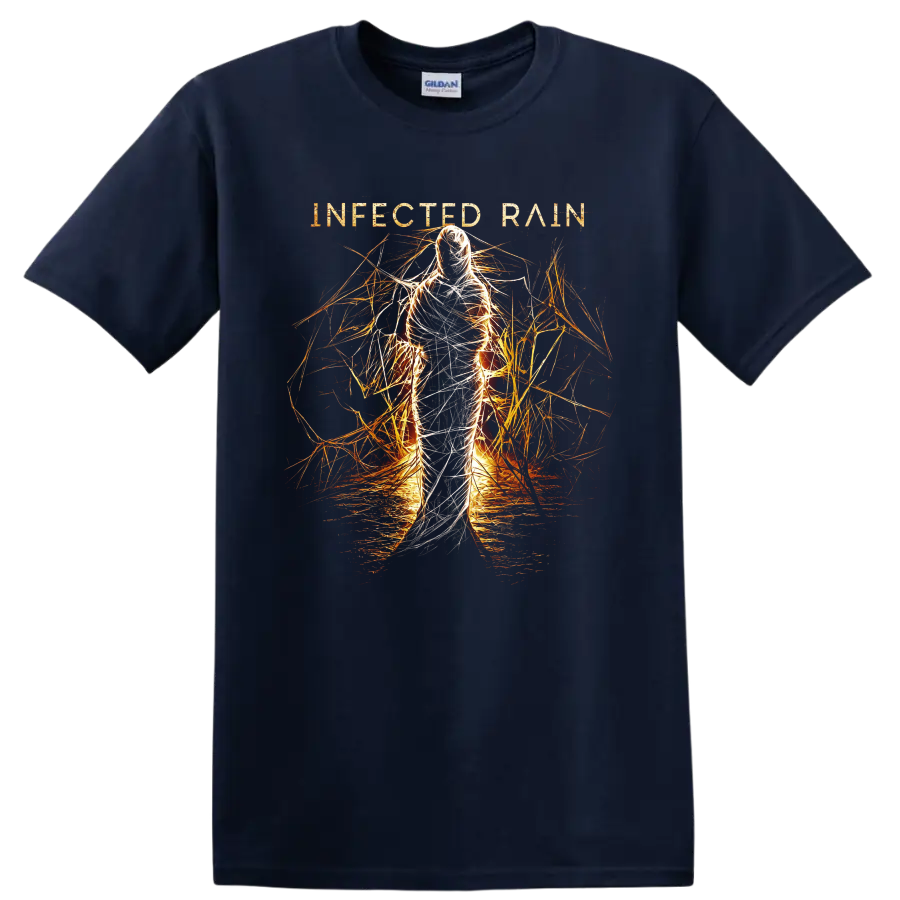 Infected Rain Ecdysis fire figure with white threads and fiery abstract linework on a Navy (Blue) T Shirt