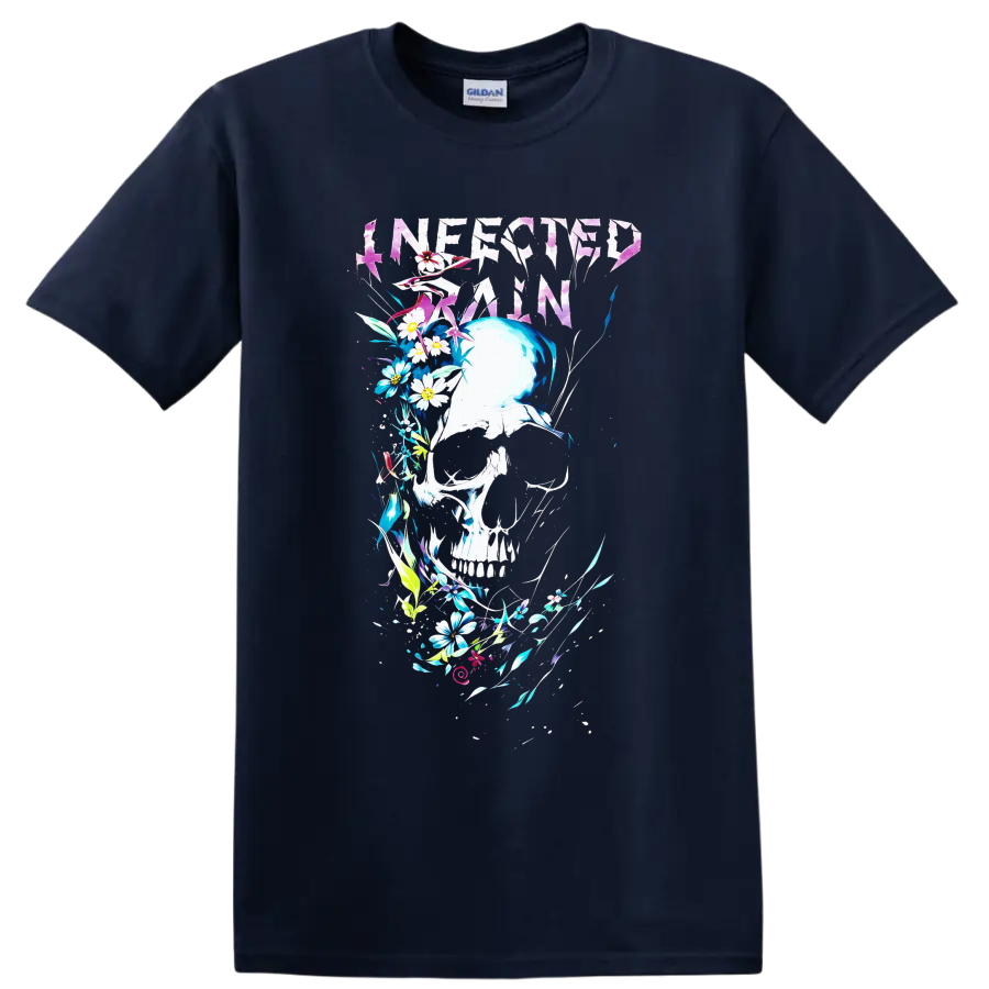 Infected Rain distressed logo above a floral skull with vivid abstract botanical accents on a Navy (Blue) T Shirt
