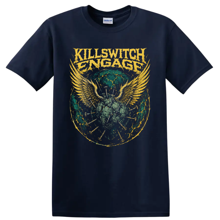 Killswitch Engage distressed logo with winged skull, nails, and cracked circular artwork on a Navy (Blue) T Shirt