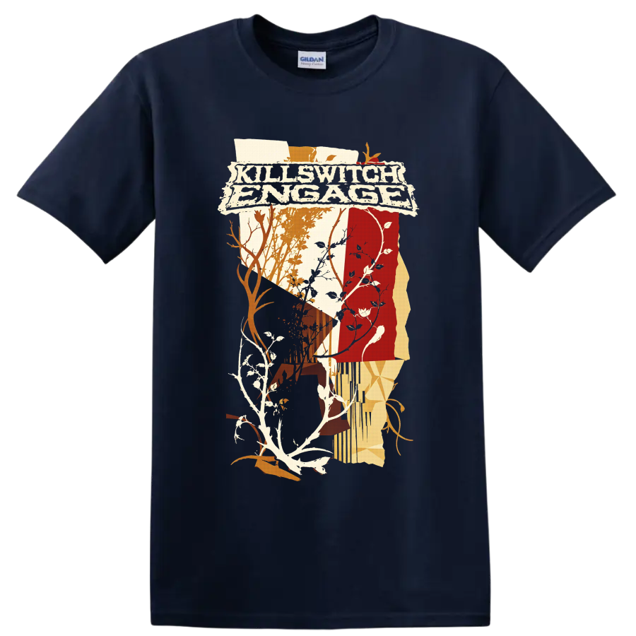 Killswitch Engage distressed logo with abstract woodland branches, vines, and warm on a Navy (Blue) T Shirt