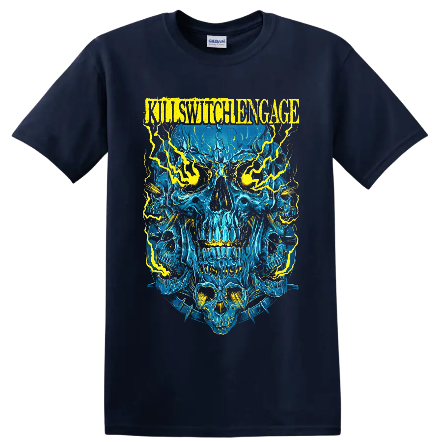 Killswitch Engage distressed logo above electric-blue skulls with yellow lightning on a Navy (Blue) T Shirt