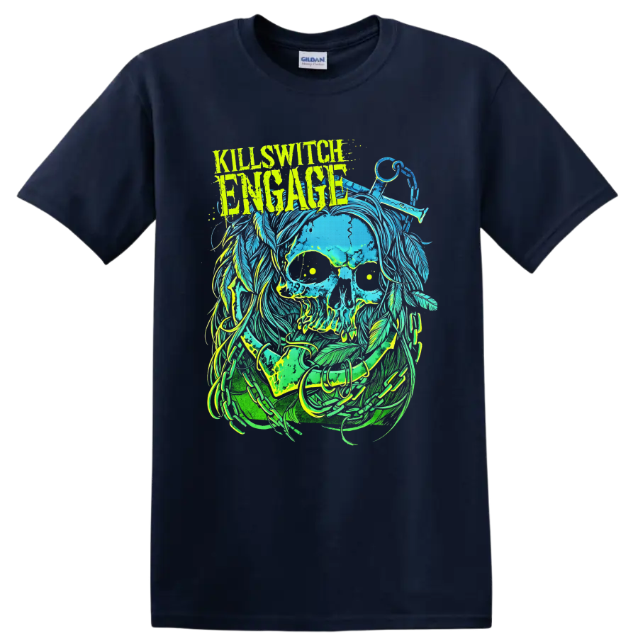 Killswitch Engage distressed skull with flowing hair, scissors, and neon metal artwork on a Navy (Blue) T Shirt
