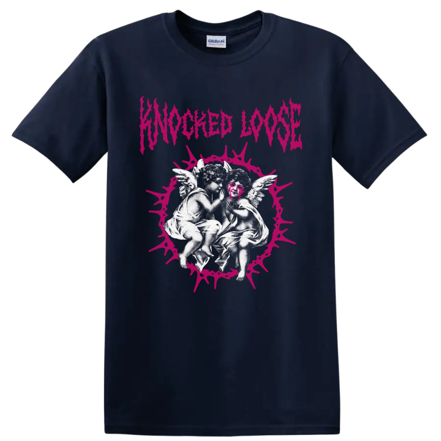 Knocked Loose gothic angel artwork with hot-pink thorn halo and jagged wordmark on a Navy (Blue) T Shirt