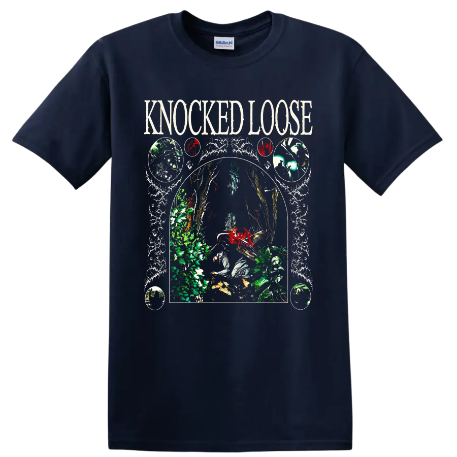 Knocked Loose gothic botanical skull and skeletal arch graphic on a Navy (Blue) T Shirt