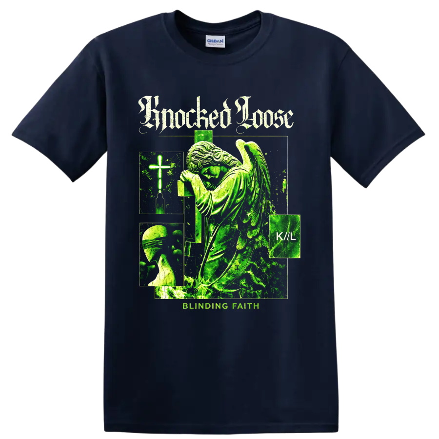 Knocked Loose Blinding Faith gothic collage with winged figure, cross, and K//L text on a Navy (Blue) T Shirt