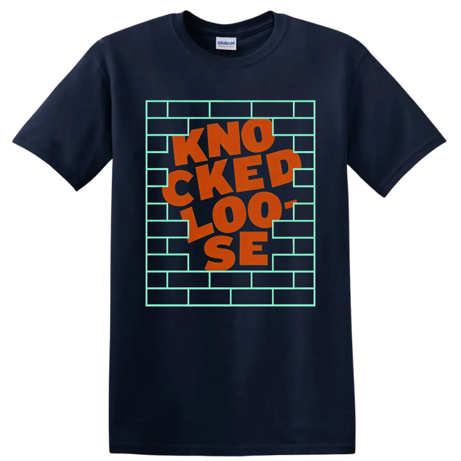 Knocked Loose The Wall orange lettering inside a mint brick wall frame on a Navy (Blue) T Shirt