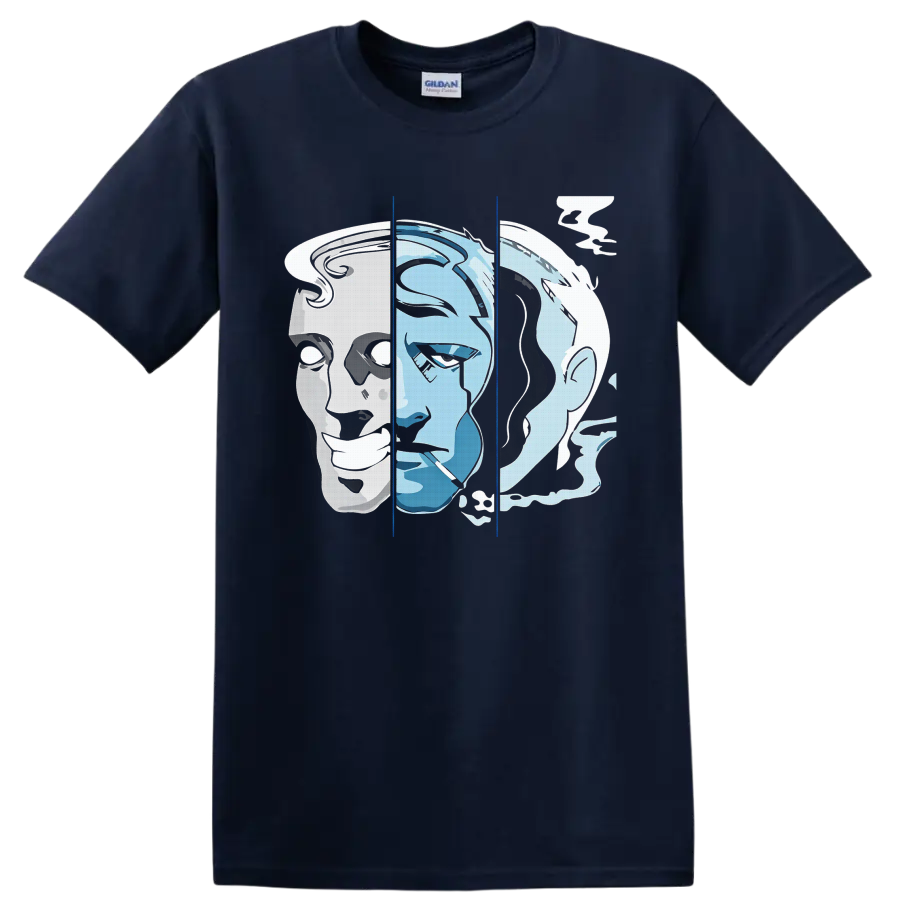Knocked Loose Laugh Tracks blue and white split-face portrait metalcore graphic on a Navy (Blue) T Shirt