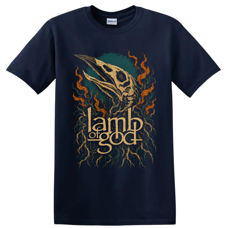 Lamb Of God ornate logo beneath distressed animal skull, roots, and orange flames on a Navy (Blue) T Shirt