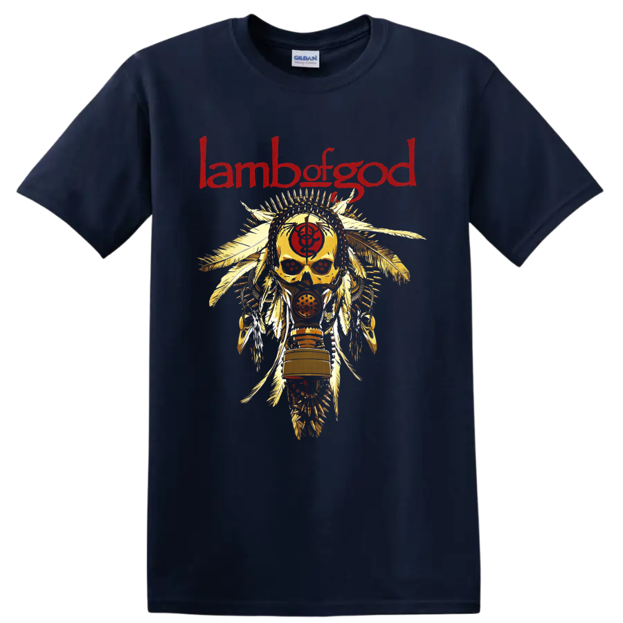 Lamb of God red logo above feathered skull and respirator mask metal artwork on a Navy (Blue) T Shirt