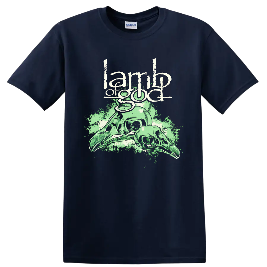 Lamb of God distressed logo above pale green animal skulls and splatter art on a Navy (Blue) T Shirt