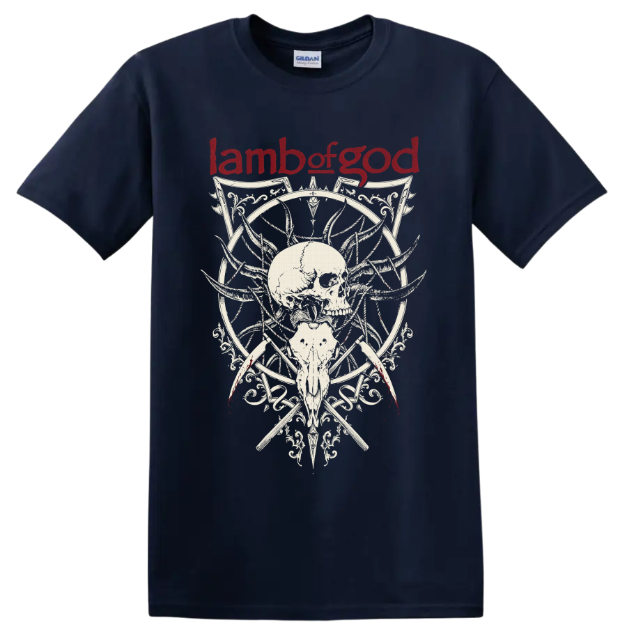 Lamb of God red logo above ornate gothic skull and animal skull artwork on a Navy (Blue) T Shirt