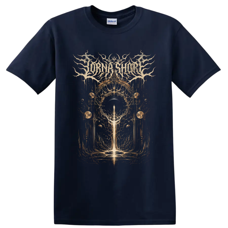 Lorna Shore logo above gothic cosmic eclipse, planets, arches, and luminous beam artwork on a Navy (Blue) T Shirt