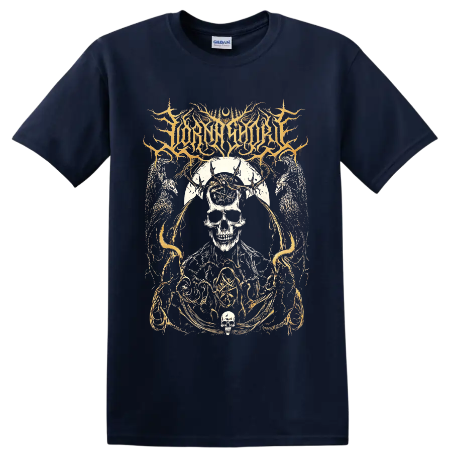Lorna Shore skull, horned figure, angel wings, and ornate gothic linework on a Navy (Blue) T Shirt
