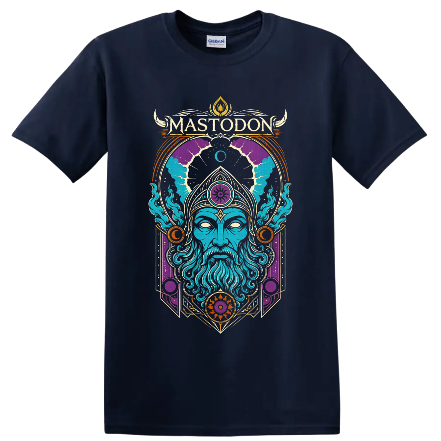 Mastodon logo above a blue wizard with psychedelic celestial and ornamental art on a Navy (Blue) T Shirt