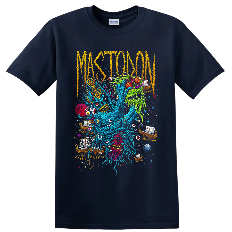 Mastodon thorn-lettered psychedelic monster with Viking ships, eyes, and cosmic details on a Navy (Blue) T Shirt