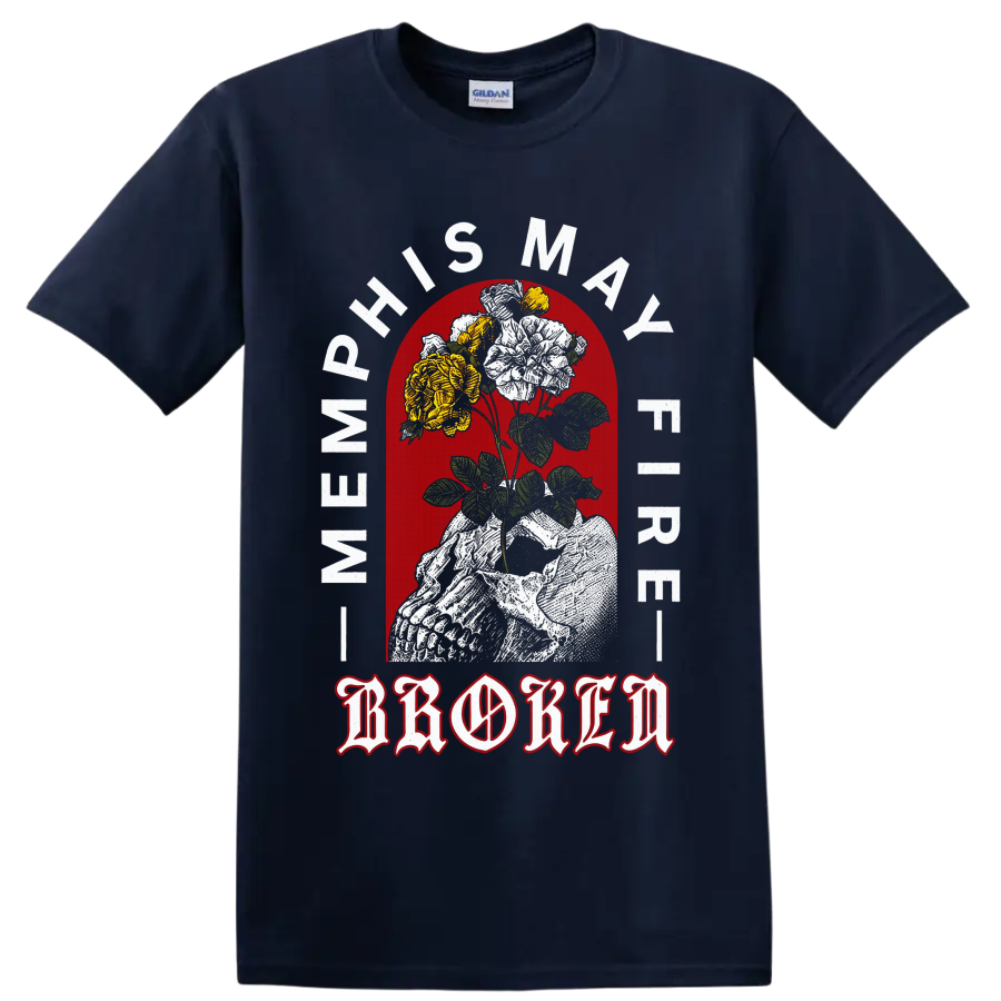 Memphis May Fire gothic statue holding roses with red arch and ornate lettering on a Navy (Blue) T Shirt