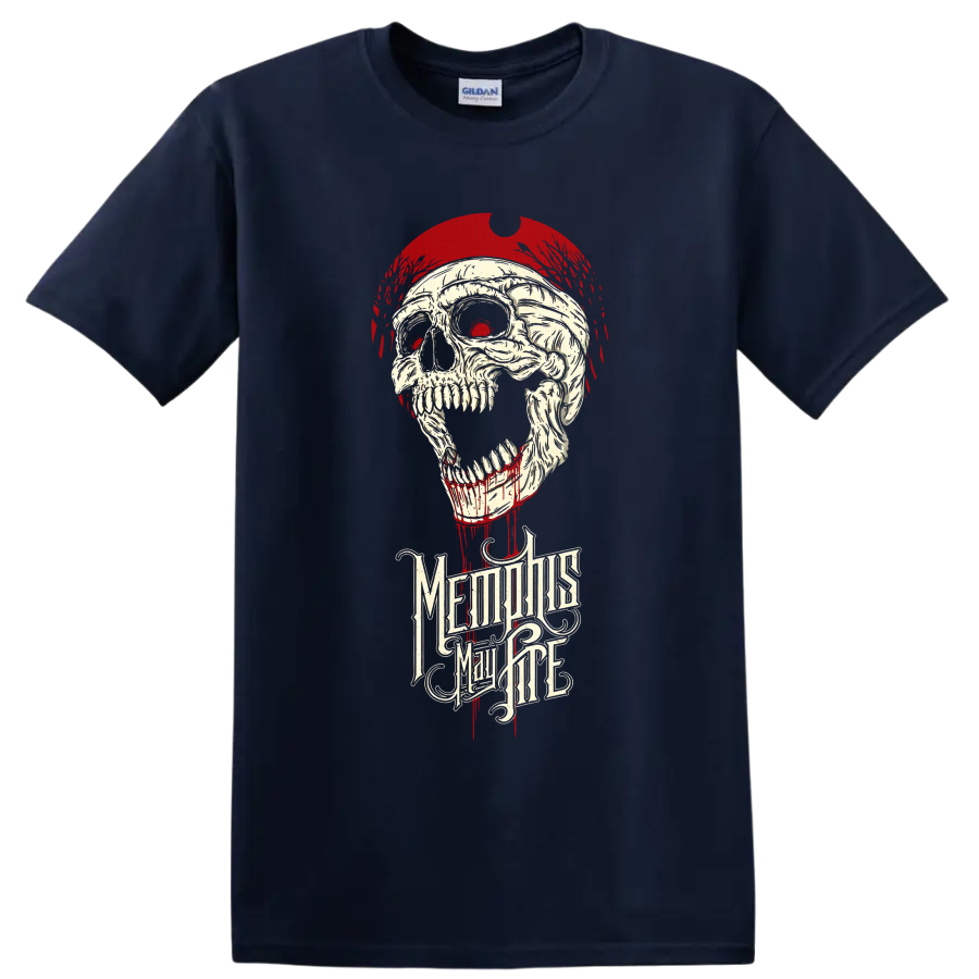 Memphis May Fire gothic skull with red paint drips and ornate band lettering on a Navy (Blue) T Shirt