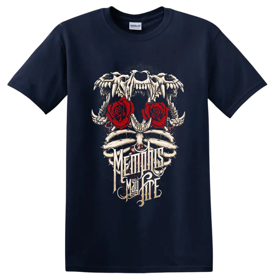 Memphis May Fire gothic skull, bones, red roses, and ornate logo artwork on a Navy (Blue) T Shirt