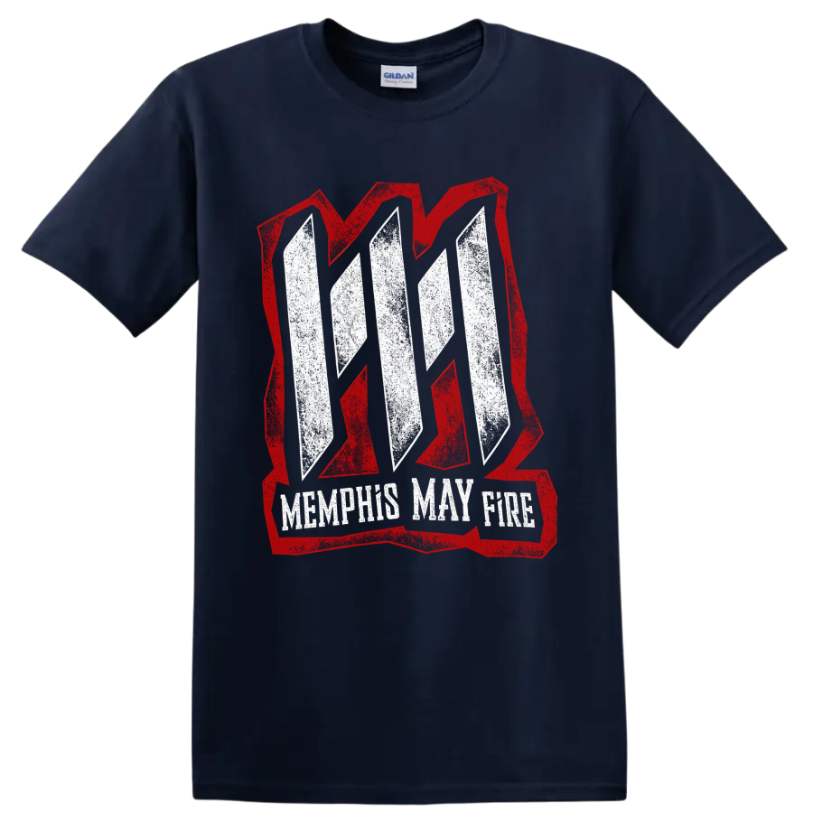 Memphis May Fire distressed white logo inside a bold red angular emblem on a Navy (Blue) T Shirt