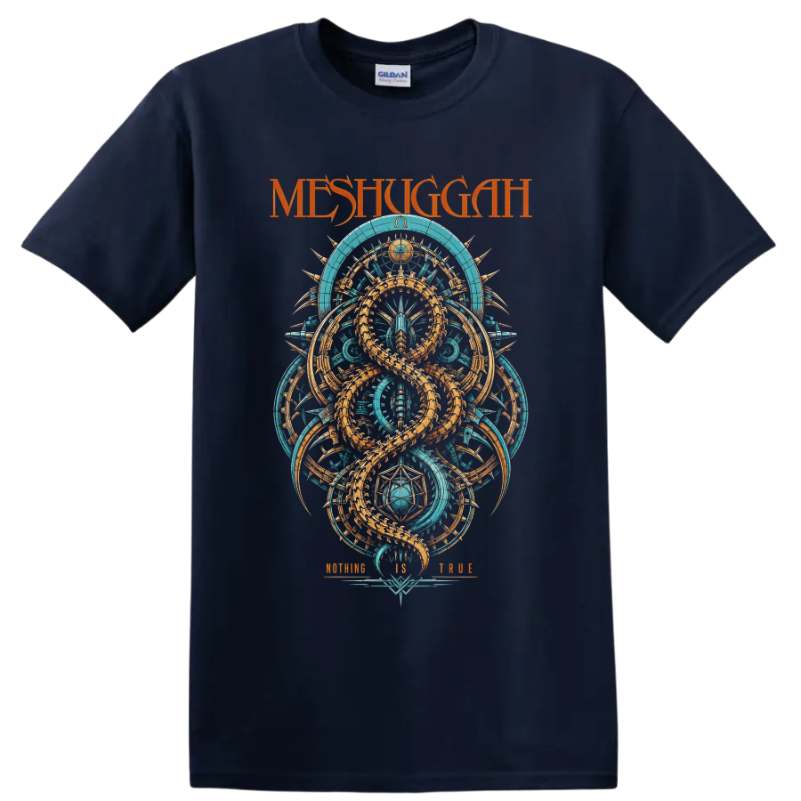 Meshuggah Koloss-inspired turquoise and orange serpent geometry with Nothing Is True text on a Navy (Blue) T Shirt