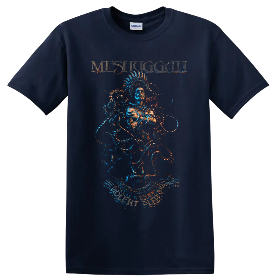Meshuggah surreal masked figure with spiked halo and blue-orange mechanical tendrils on a Navy (Blue) T Shirt