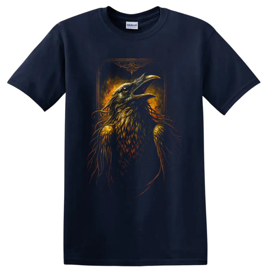 Detailed gothic raven illustration with fiery feathers and ornate vintage frame on a Navy (Blue) T Shirt