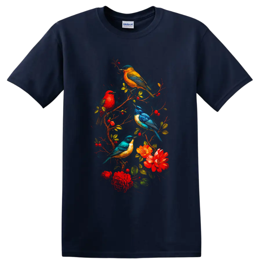 Vibrant songbirds on flowering berry branches in a colorful botanical illustration on a Navy (Blue) T Shirt