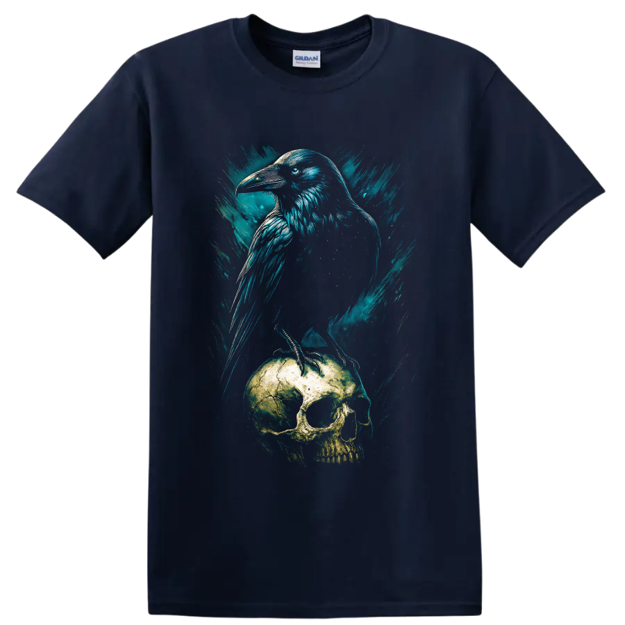 Teal grunge raven perched on a weathered skull gothic bird illustration on a Navy (Blue) T Shirt
