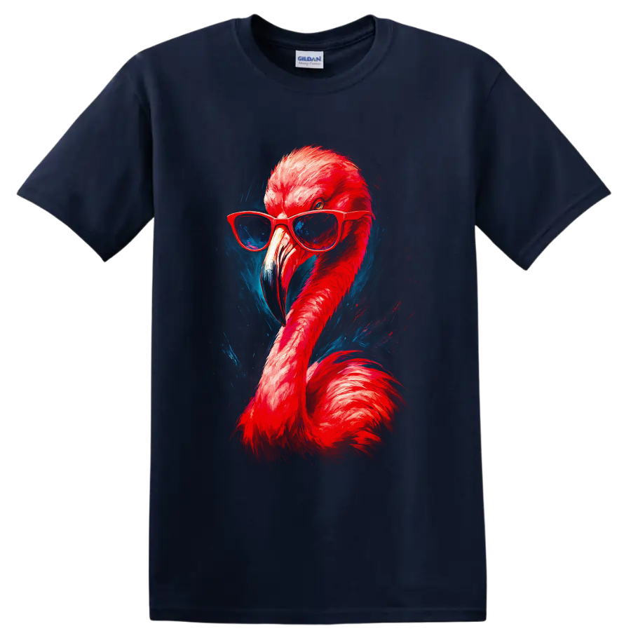 Stylish flamingo in red sunglasses with vivid neon painterly blue accents on a Navy (Blue) T Shirt