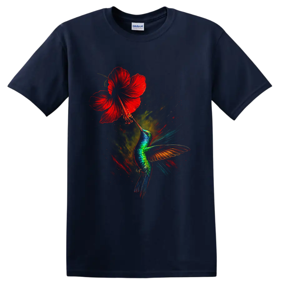 Vibrant hummingbird reaching toward a red hibiscus in dramatic painterly wildlife art on a Navy (Blue) T Shirt