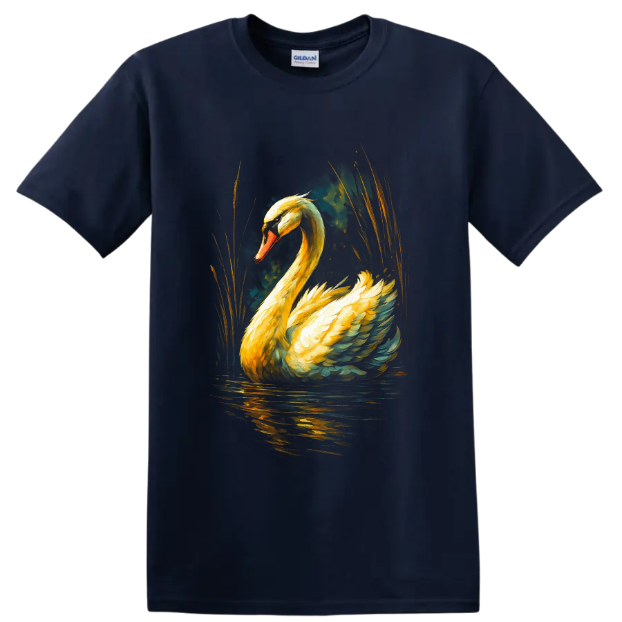 Dramatic painterly mute swan with golden feathers, reeds, and reflective water on a Navy (Blue) T Shirt