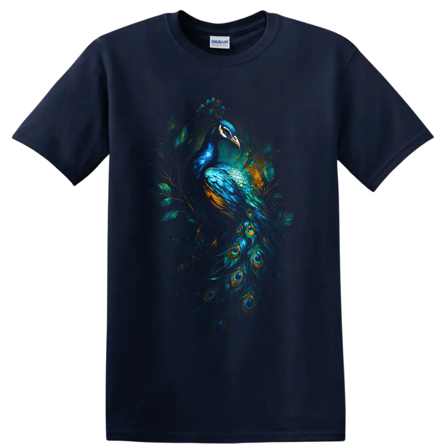 Modernist peacock illustration with vivid blue plumage, eye-feather tail, and leafy on a Navy (Blue) T Shirt