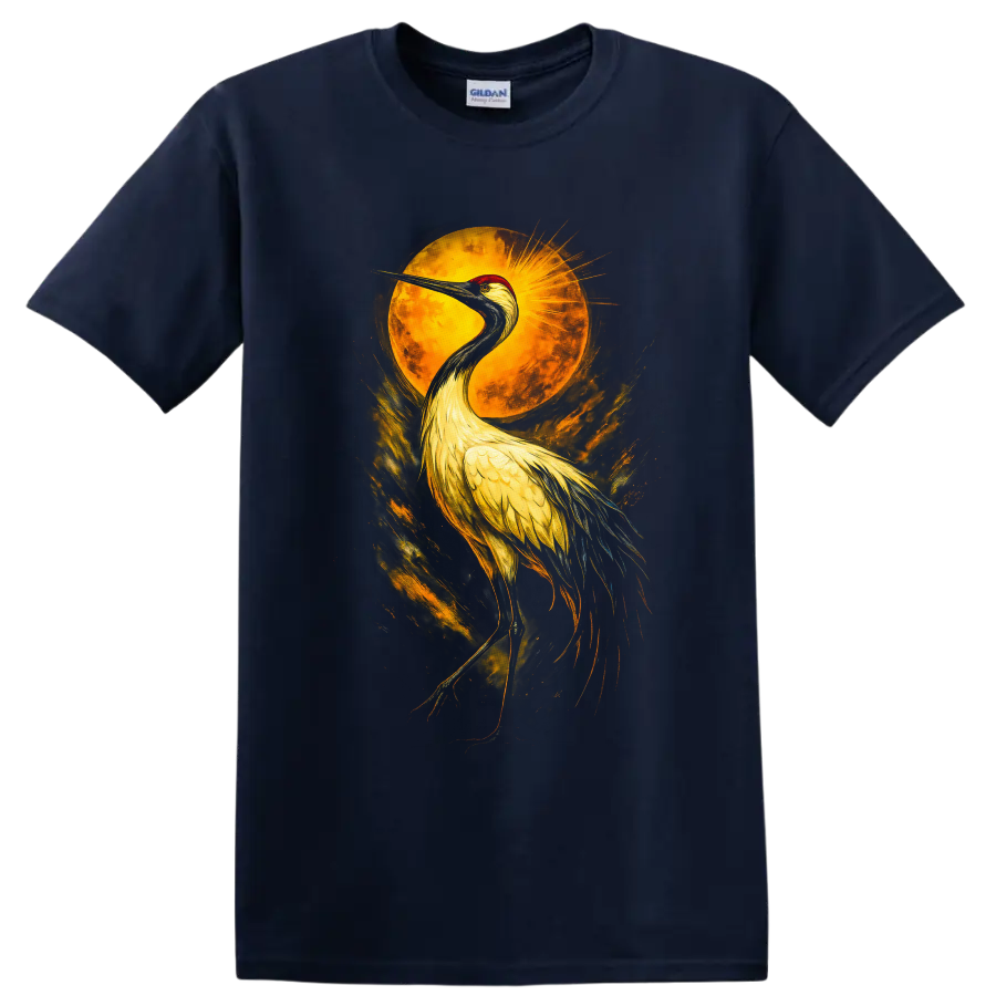 Sandhill crane beneath a golden sun in dramatic painterly wildlife art on a Navy (Blue) T Shirt