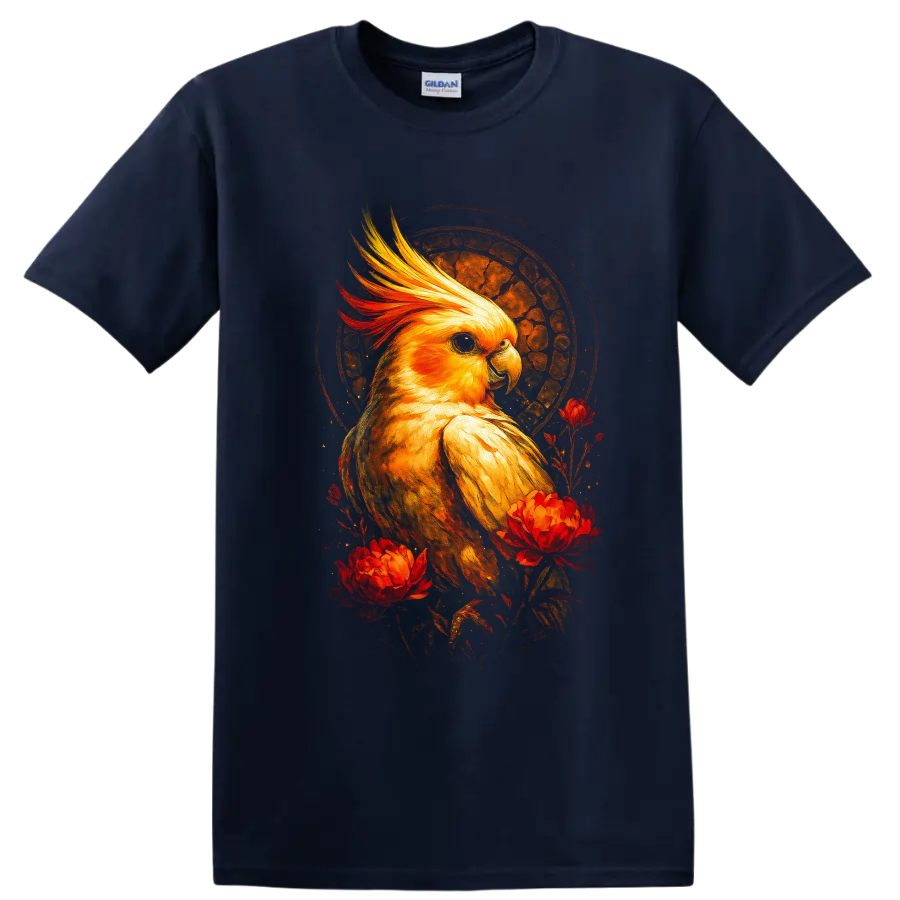Golden cockatiel portrait with red flowers and textured sunset halo on a Navy (Blue) T Shirt