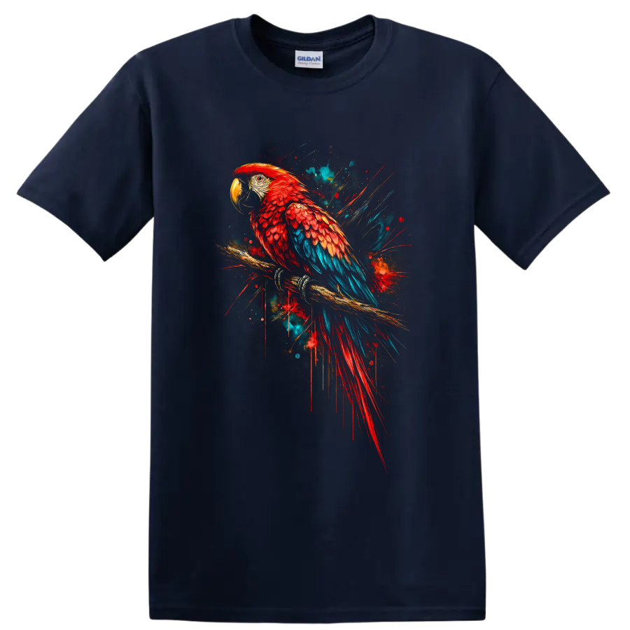 Scarlet macaw parrot on a branch in vibrant red and blue paint splash art on a Navy (Blue) T Shirt