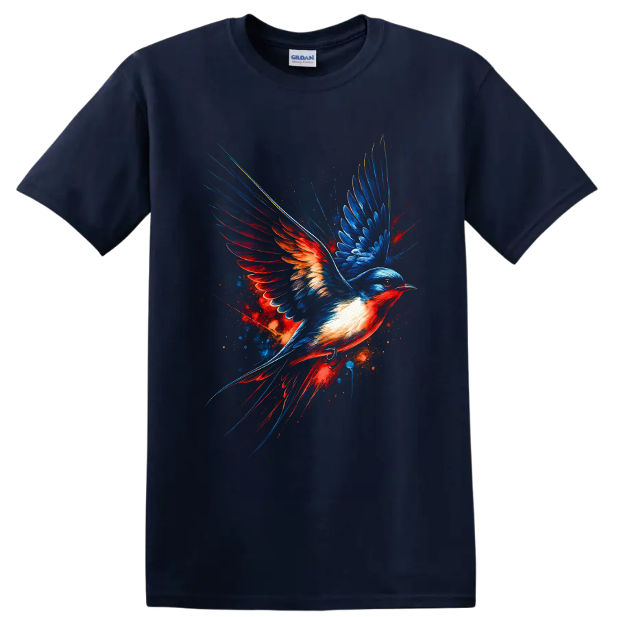 Dynamic artistic swallow in flight with electric blue and fiery red painted wings on a Navy (Blue) T Shirt