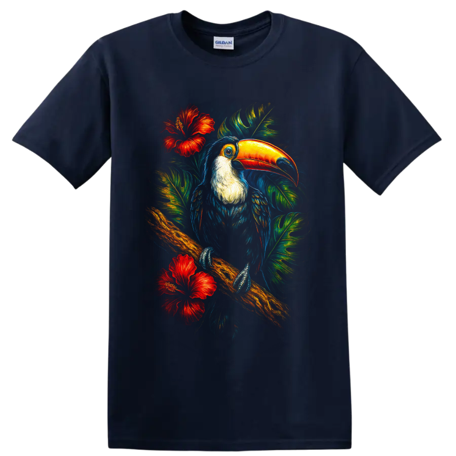 Vibrant painterly toucan on a branch with tropical leaves and red hibiscus flowers on a Navy (Blue) T Shirt